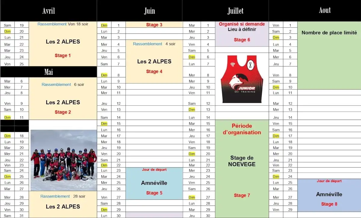 Planning printemps été 2025 Junior Ski Training