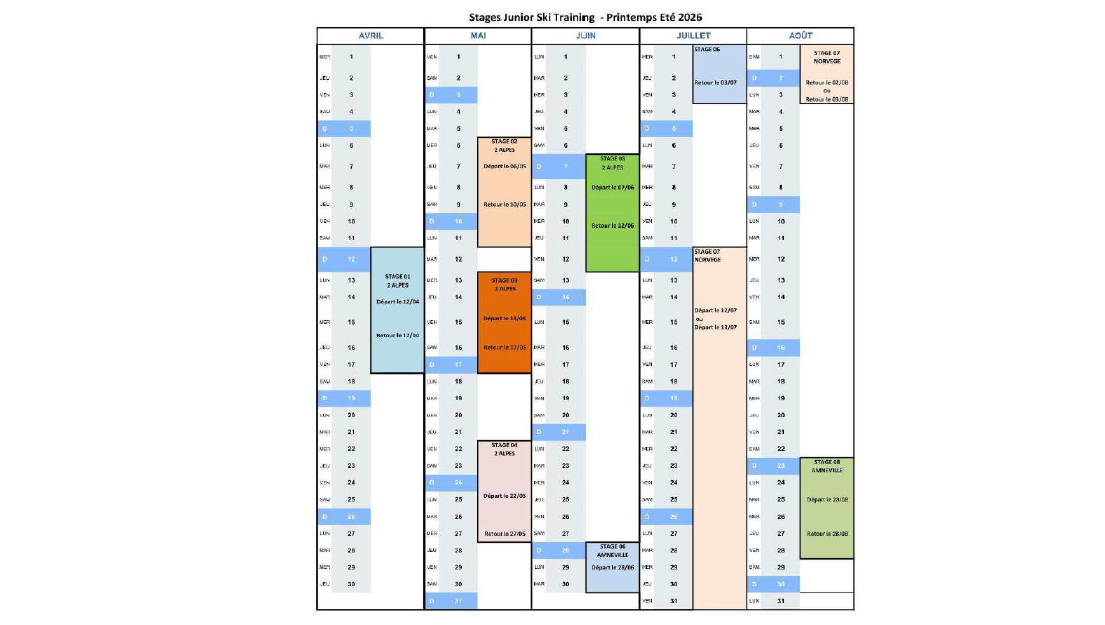 Planning printemps été 2026 - Juior Ski Training