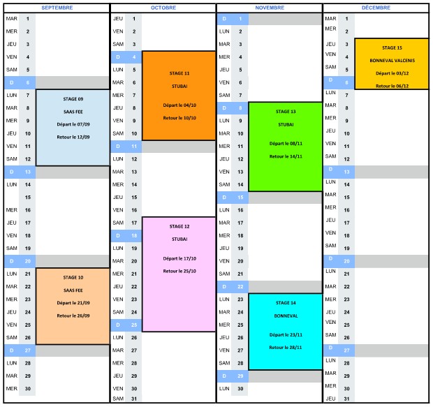 Calendrier stage Junior Ski training automne 2026